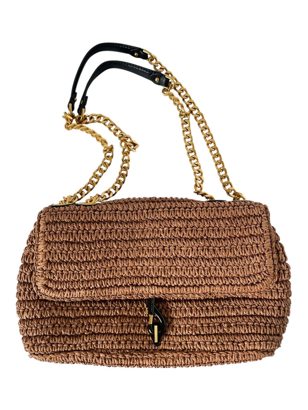 Rebecca Minkoff Edie Medium Crossbody Tawny Brown Raffia Straw Chain Bag